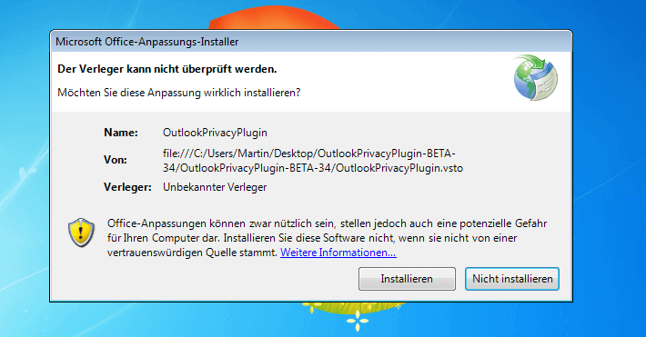 outlook privacy plugin install warning