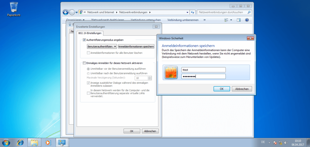 Microsoft Windows 7 - Interface 802.1X Einstellungen