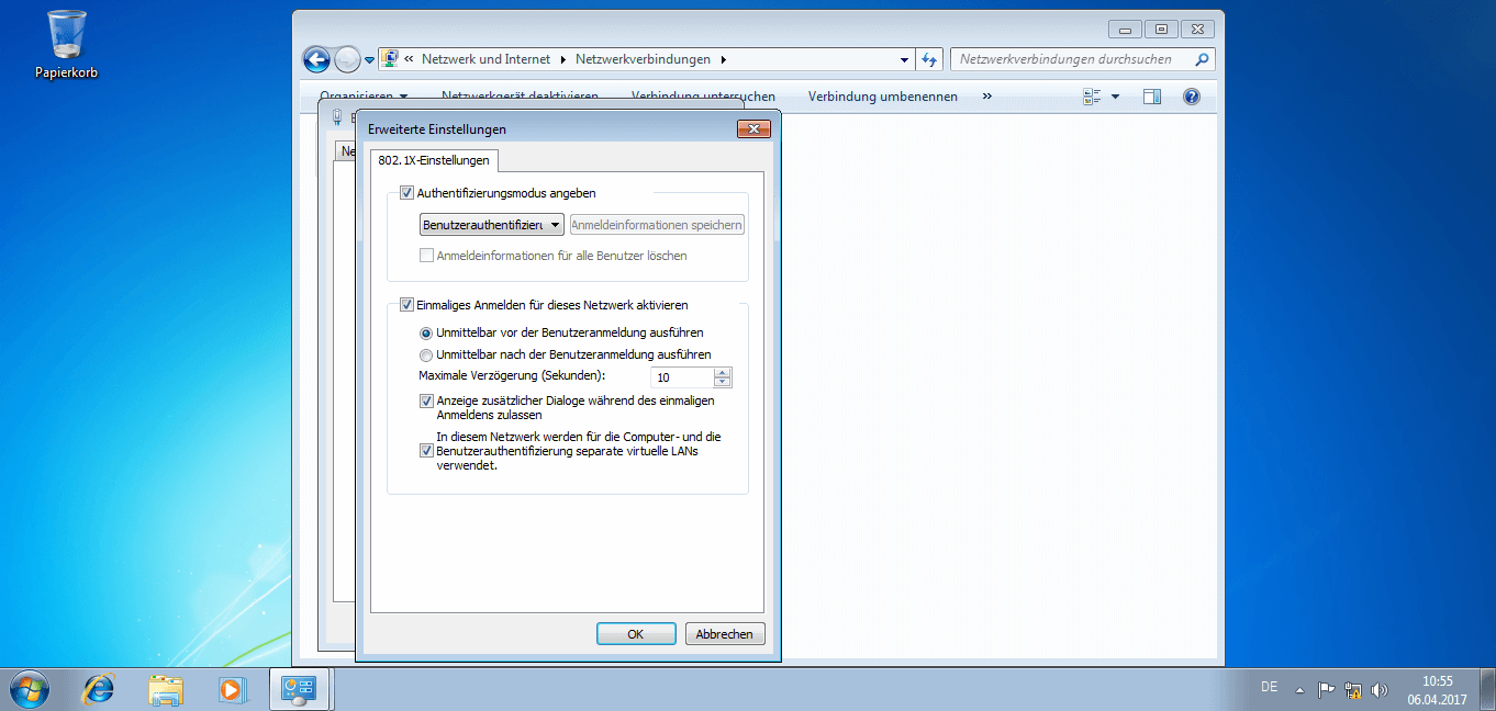 Microsoft Windows 7 - Interface 802.1X Einstellungen