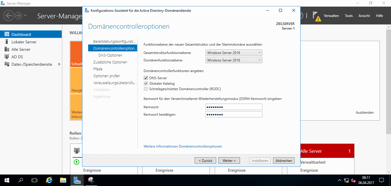 Microsoft Windows Server 2016 - Active Directory Konfiguration Optionen