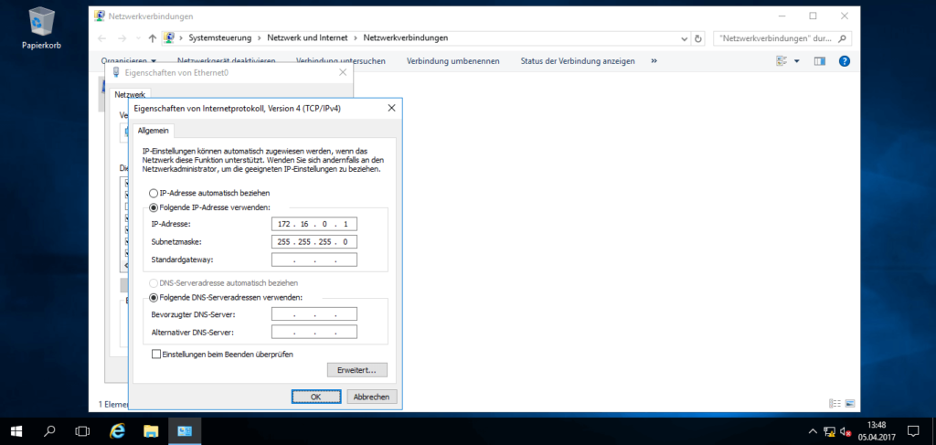 Microsoft Windows Server 2016 - IP-Konfiguration Netzwerkadapter
