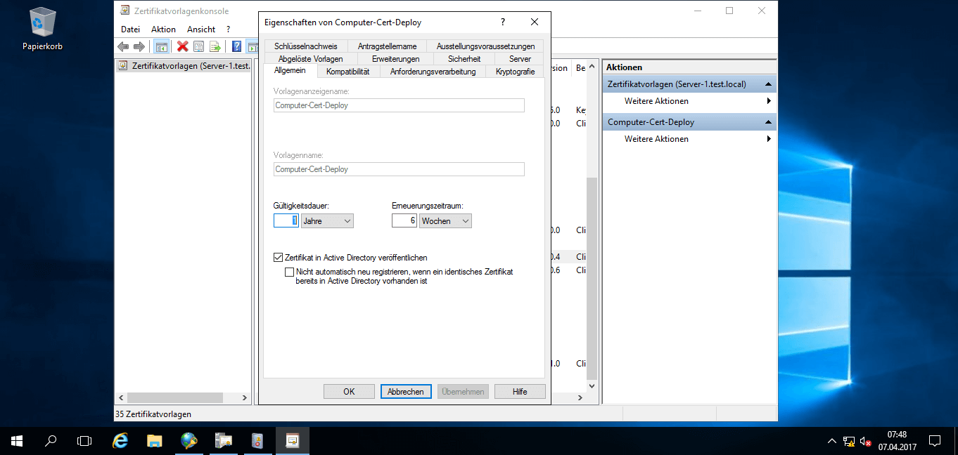 Microsoft Windows Server 2016 - Neue Zertifikatvorlage: Allgemein