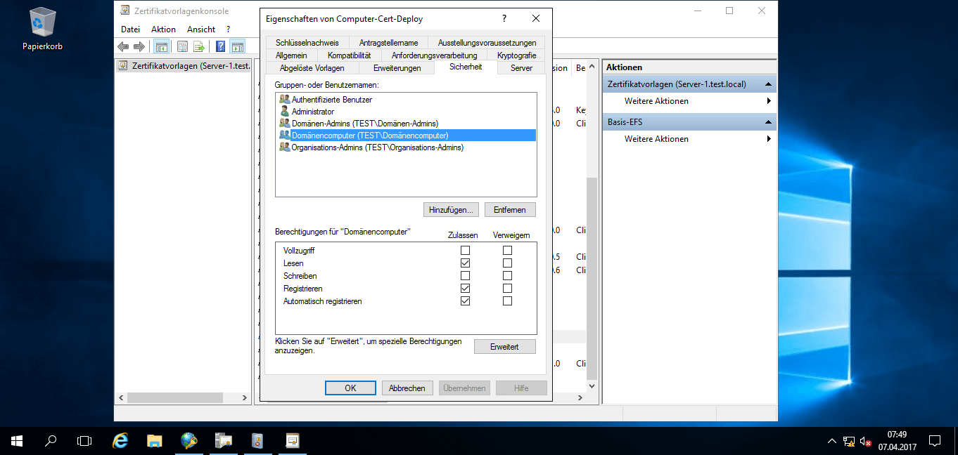 Microsoft Windows Server 2016 - Neue Zertifikatvorlage: Sicherheit