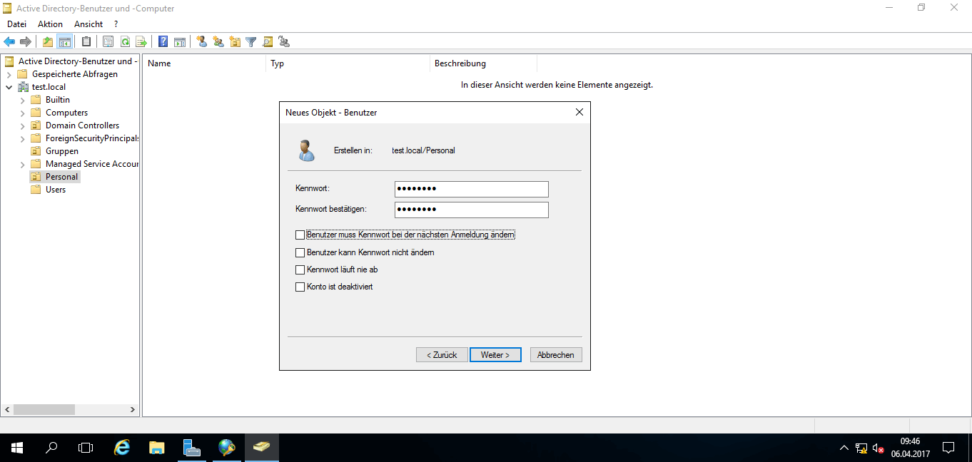 Microsoft Windows Server 2016 - Neuer Benutzer Passwortoptionen