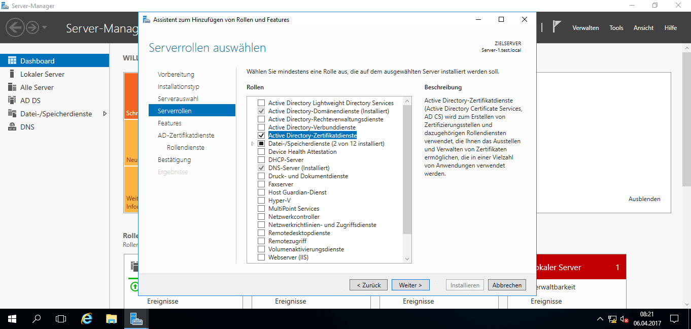 Microsoft Windows Server 2016 - Rolle Zertifikatsdienst