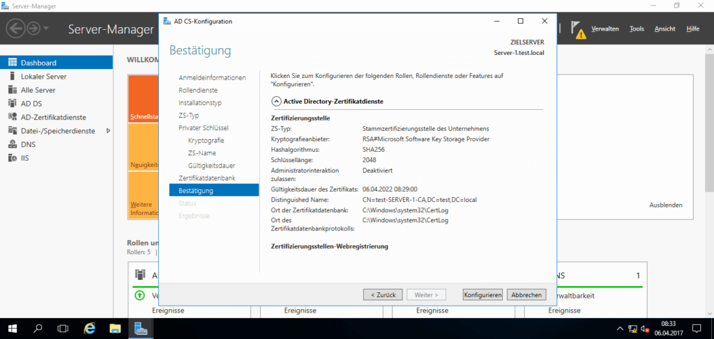 Microsoft Windows Server 2016 - Zertifikatdienste Konfiguration Bestätigung