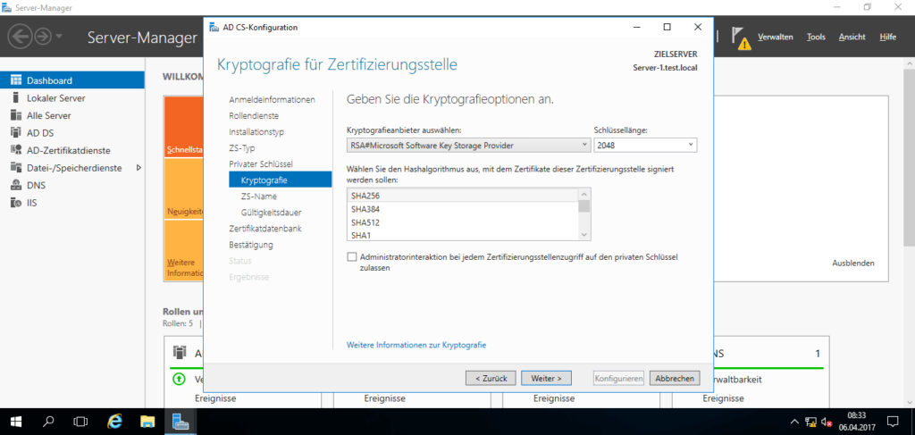 Microsoft Windows Server 2016 - Zertifikatdienste Konfiguration Kryptographie