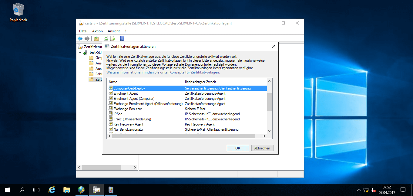 Microsoft Windows Server 2016 - Zertifikatvorlage auswählen
