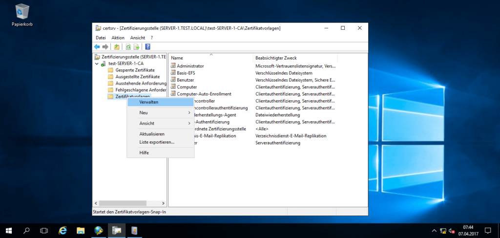 Microsoft Windows Server 2016 - Zertifikatvorlagen verwalten